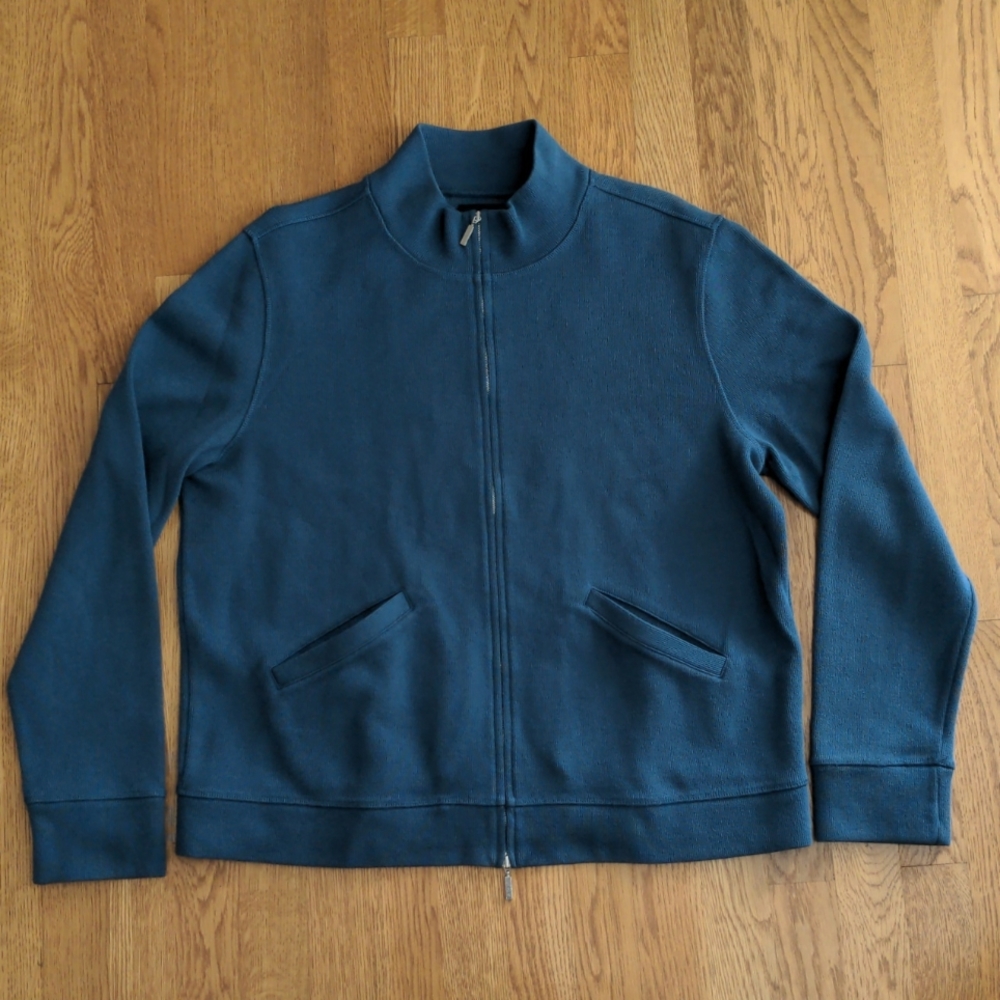 Faconnable Cotton sweater ribbed zip front pockets blue youth size …